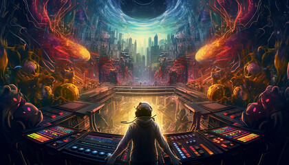 Hightech future of music and dance and djing in festivals with hitech music in psychedelic atmosphere