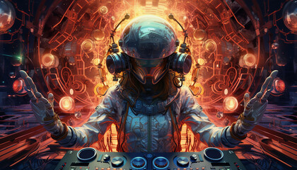 Obraz premium Hightech future of music and dance and djing in festivals with hitech music in psychedelic atmosphere