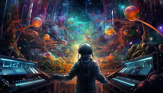 Hightech future of music and dance and djing in festivals with hitech music in psychedelic atmosphere