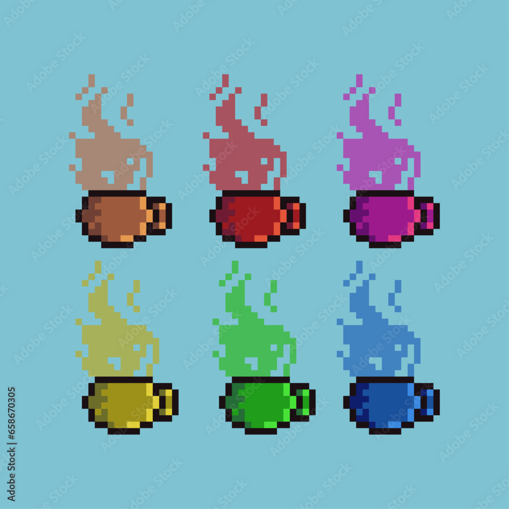 Poster pixel art sets of mug glass with variation color item asset. simple bits of mug glass on pixelated s