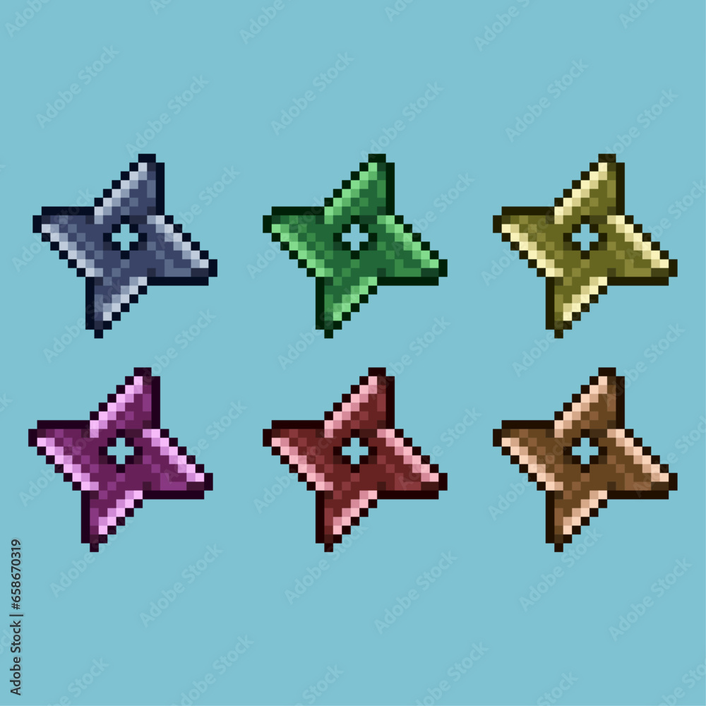 Poster pixel art sets of shuriken weapon with variation color item asset. simple bits of shuriken ninja on 