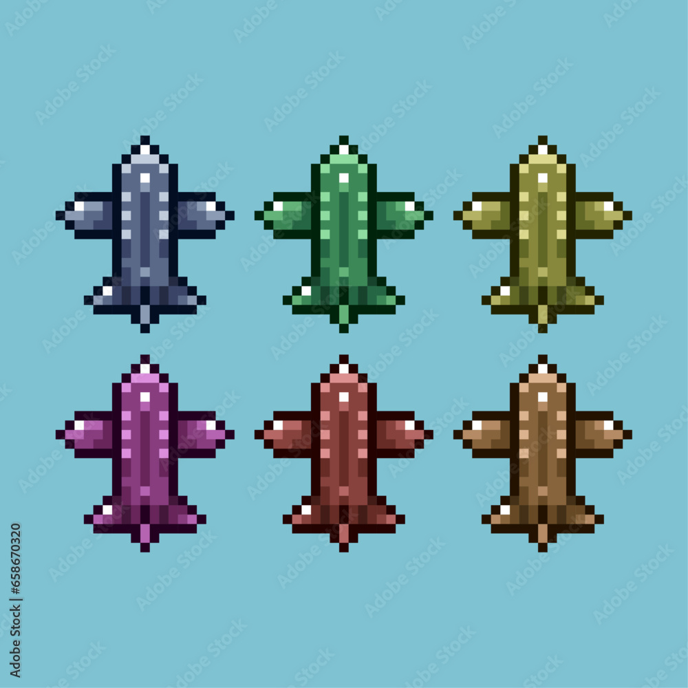 Poster pixel art sets of plane with variation color item asset. simple bits of plane on pixelated style. 8b