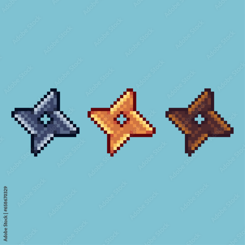 Poster pixel art sets of shuriken weapon with variation color item asset. simple bits of shuriken ninja on 