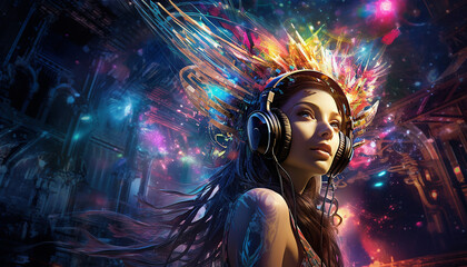 Hightech future of music and dance and djing in festivals with hitech music in psychedelic atmosphere