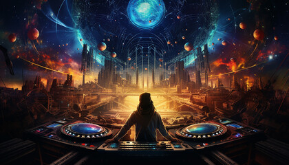 Hightech future of music and dance and djing in festivals with hitech music in psychedelic atmosphere