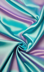 Blue green silk satin fabric. Teal color elegant background. Liquid wave or silk wavy folds. Beautiful dark turquoise background with copy space for your design.
