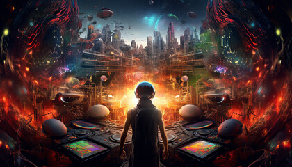 Hightech future of music and dance and djing in festivals with hitech music in psychedelic atmosphere