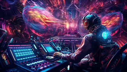 Hightech future of music and dance and djing in festivals with hitech music in psychedelic atmosphere