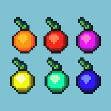 Pixel art sets of orange fruit with variation color item asset. Simple bits of fruit on pixelated style. 8bits perfect for game asset or design asset element for your game design asset