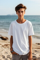 A boy wearing a white t-shirt ,Mockup t-shirt. Generative AI
