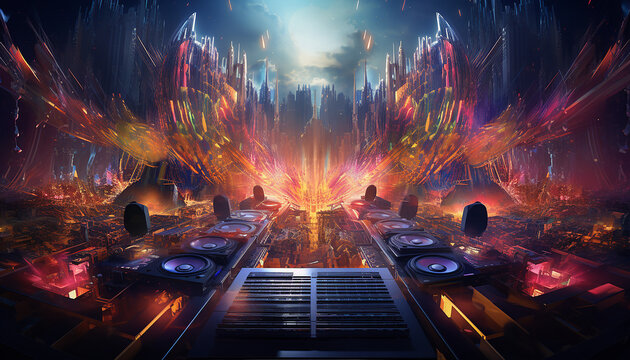 Hightech future of music and dance and djing in festivals with hitech music in psychedelic atmosphere