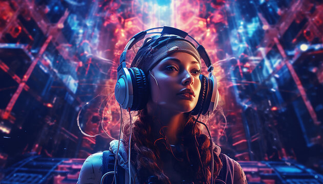 Hightech future of music and dance and djing in festivals with hitech music in psychedelic atmosphere