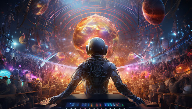 Hightech future of music and dance and djing in festivals with hitech music in psychedelic atmosphere