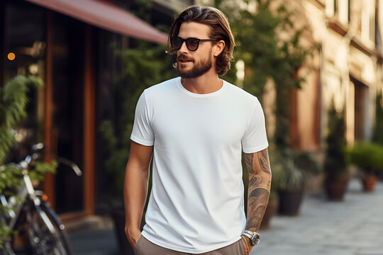 Man wearing a white t-shirt,  t-shirt mockup. Generative AI