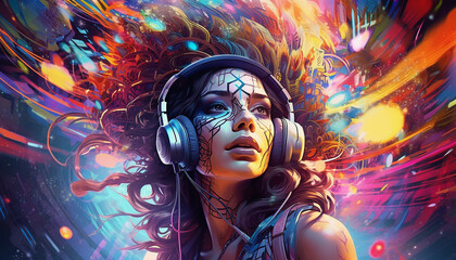 Hightech future of music and dance and djing in festivals with hitech music in psychedelic atmosphere