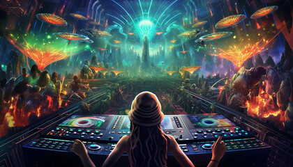 Hightech future of music and dance and djing in festivals with hitech music in psychedelic atmosphere