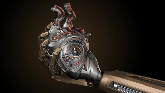 Robotic arm holds detailed artificial heart or metallic hand shows cybernetic organ with moving gear and pistons. 3d rendering animation isolated on dark background with alpha