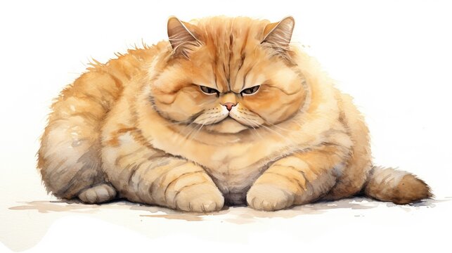 fat cat, cartoon, watercolor painting, white background,