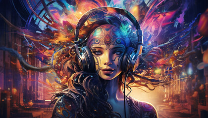 Obraz premium Hightech future of music and dance and djing in festivals with hitech music in psychedelic atmosphere