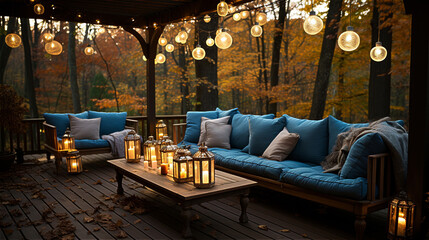 wooden sofa with pillows illuminated by the warm glow of lanterns in the evening terrace of cafe near forest and fall leaves, created with Generative AI Technology.