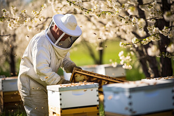 Man beekeeper with bee hives in spring blooming trees .