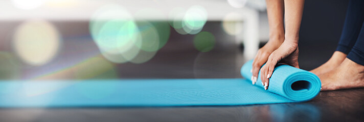 Woman, hands and mat on banner for yoga, fitness or preparation in pilates, zen or exercise on mockup. Closeup of female person or yogi on floor getting ready for wellness, gym or body health