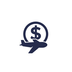 Flight cost, airfare icon with airplane