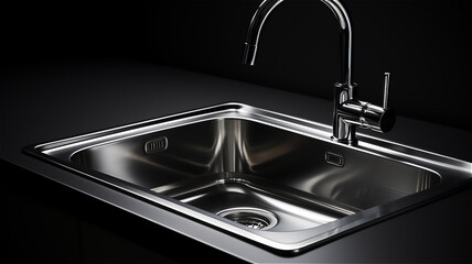 Black stainless steel kitchen sink with stainless steel faucet in minimalist simple design closeup, created with Generative AI Technology.