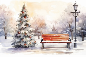 Obraz premium watercolor bench in park among the trees ground cover with snow .