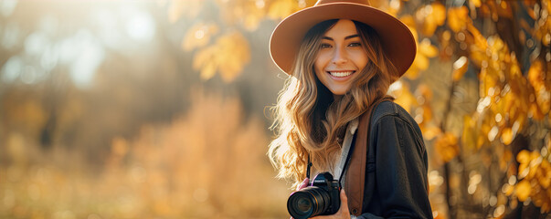 Beautiful woman photographer against autumn background. copy space for text.