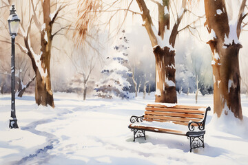 watercolor bench in park among the trees ground cover with snow .