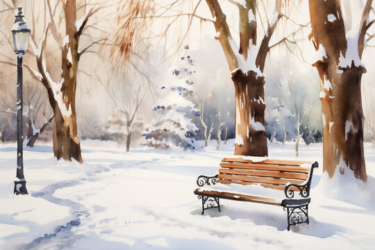 watercolor bench in park among the trees ground cover with snow .