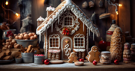 Obraz premium A Gingerbread House in a Winter Wonderland: A Sweet and Festive Scene,christmas gingerbread house,gingerbread house with christmas decoration