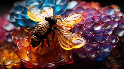 A fantastic bee collects honey from artificial multi-colored honeycombs. - obrazy, fototapety, plakaty