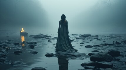 Embracing the unknown, silhouette of a girl walking into the unknown. Twilight, stones and fog.