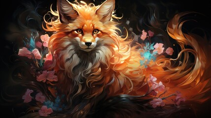 Fairytale fox surrounded by beautiful flowers.