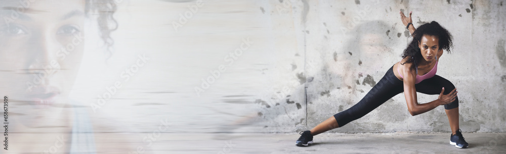 Canvas Prints Training, banner and woman with fitness doing exercise or workout for wellness and health by a wall. Athlete, double exposure and strong person prepare for stretching leg muscle for body balance