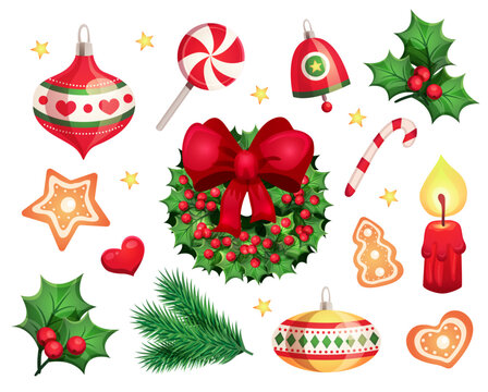Happy New Year and Merry Christmas Vector Design Set with decorative elements and objects: christmas tree, garlands, toys, candy cane, heart, wreath, bell, berry, ribbon, candle