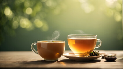 A tea with glass cup on wooden and peaceful morning scene with isolated in a light color background - obrazy, fototapety, plakaty