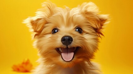 Portrait of a cute Yorkshire Terrier puppy on a yellow background