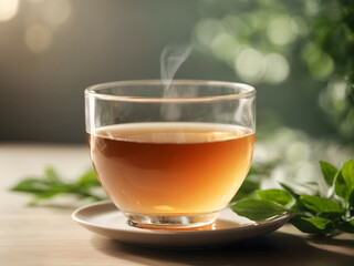 Fototapeta premium A tea with glass cup on wooden and peaceful morning scene with isolated in a light color background