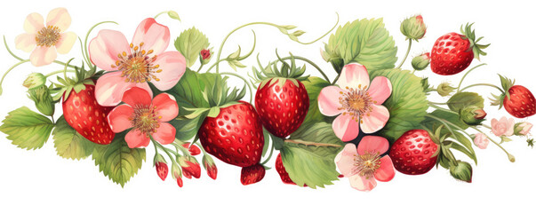 Watercolor drawing of fresh red strawberries with flowers on white background.
