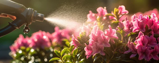 Gordijnen Watering blooming rhododendron in the garden. pink rhododendrons flower are poured with water © Michal