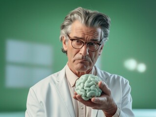Älterer Mann mit medizinischem Beruf hält mit kritisch fragendem Blick ein Modell eines Gehirn vor sich - obrazy, fototapety, plakaty
