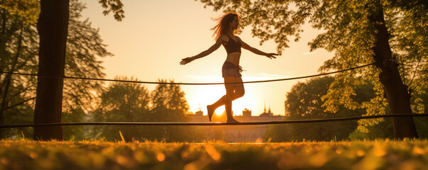 Woman standing or walking on slackline in green park during a sunset backlight. Slackline practice concept.