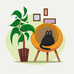 Cat sitting on the couch in the room. Vector illustration