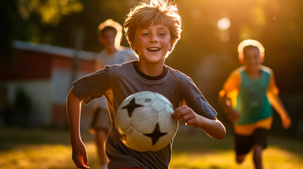 Teenage soccer player with soccer ball, friendly match in backyard