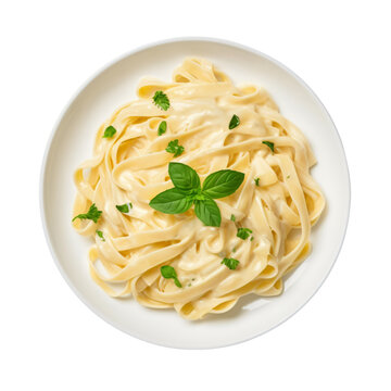 Top view of fettucini alfredo with garnish isolated on transparent and white background
