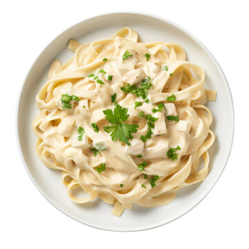 Top view of fettucini alfredo with garnish isolated on transparent and white background