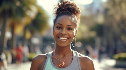 woman with earrings necklace and tank top smiling outside 